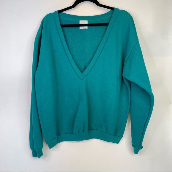 Tultex Vintage Sweatshirt 90s Deep V Teal Green Large Retro Preppy - Picture 6 of 7